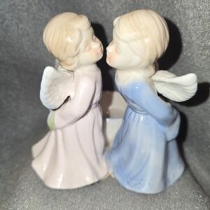 Vintage Porcelain Kissing Angels Tea Light Candle Holder Figurine Blue Pink